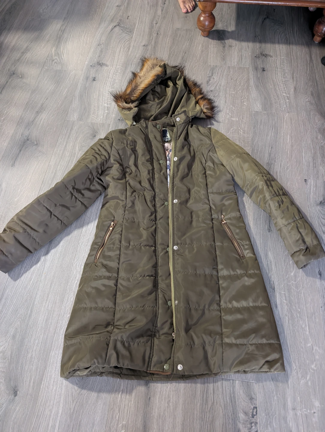 Olive Green Puffer Coat with Faux Fur Hood