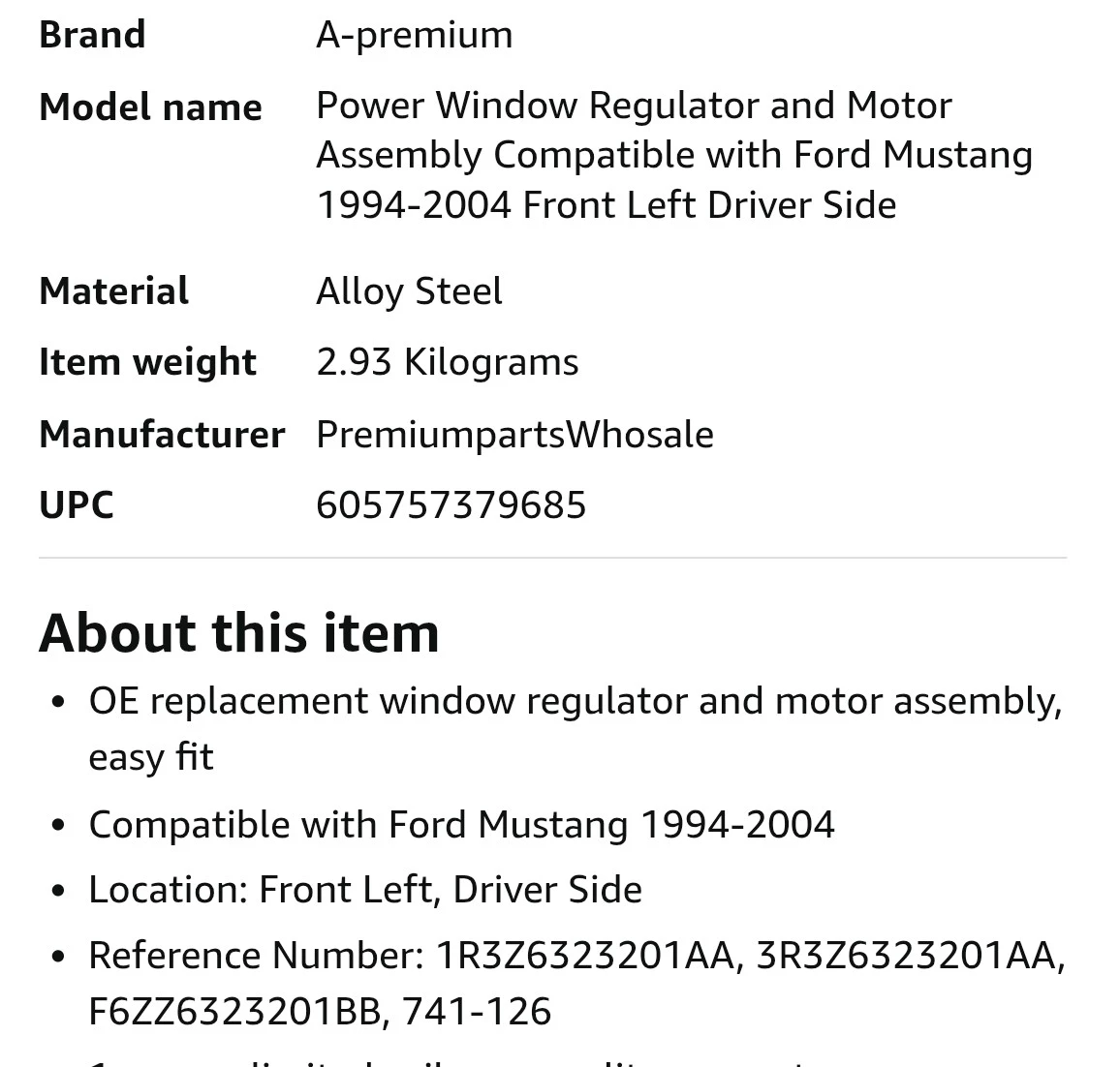 Power Window Regulator and Motor for Ford Mustang 1994-2004 - photo 5