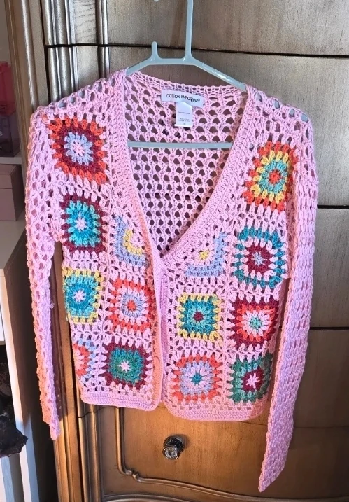 Cotton Emporium Pink Crochet Granny Square Cardigan