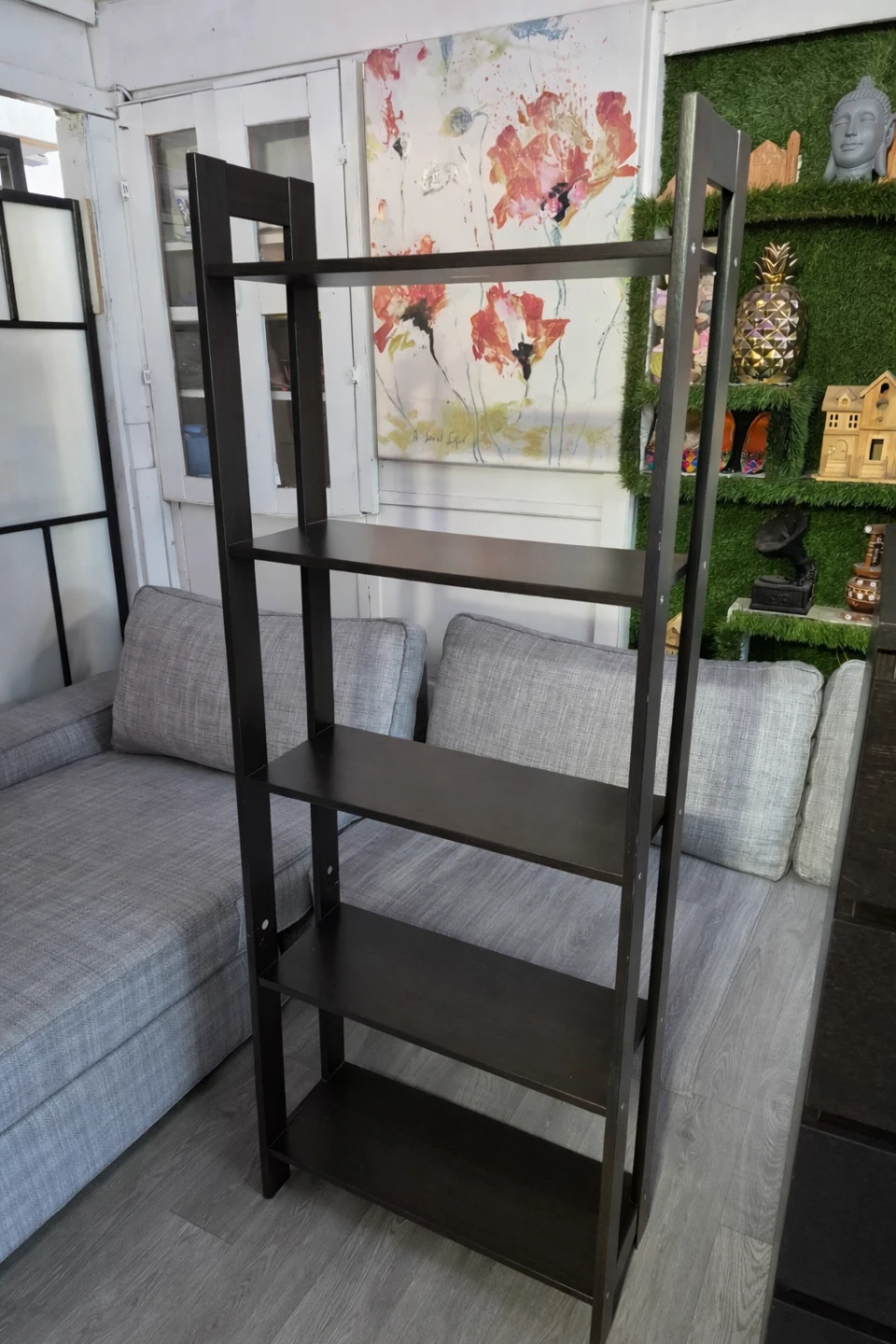 Dark Wood 5-Shelf Leaning Bookshelf