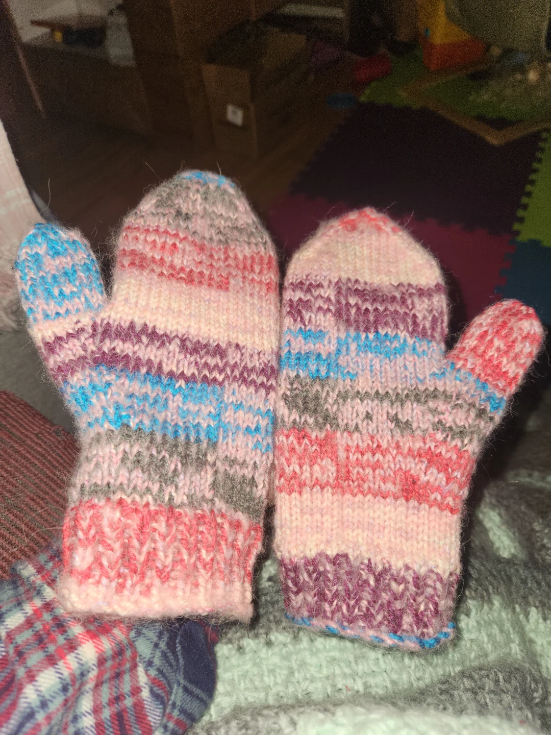 Hand-knitted Striped Mittens - Pink, Blue, Purple - photo 2