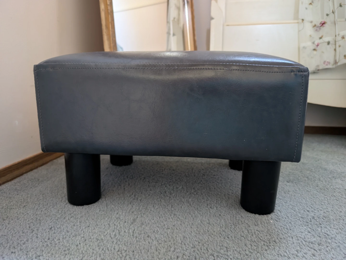Grey Faux Leather Footstool Ottoman