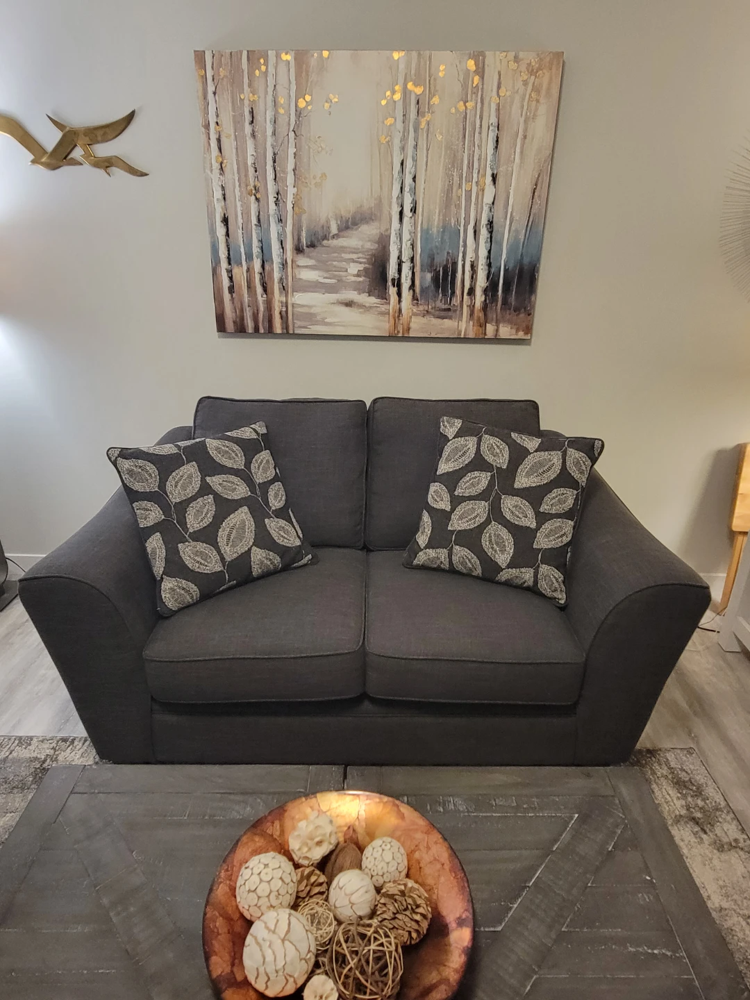 Dark Grey Loveseat Sofa with Decorative Pillows