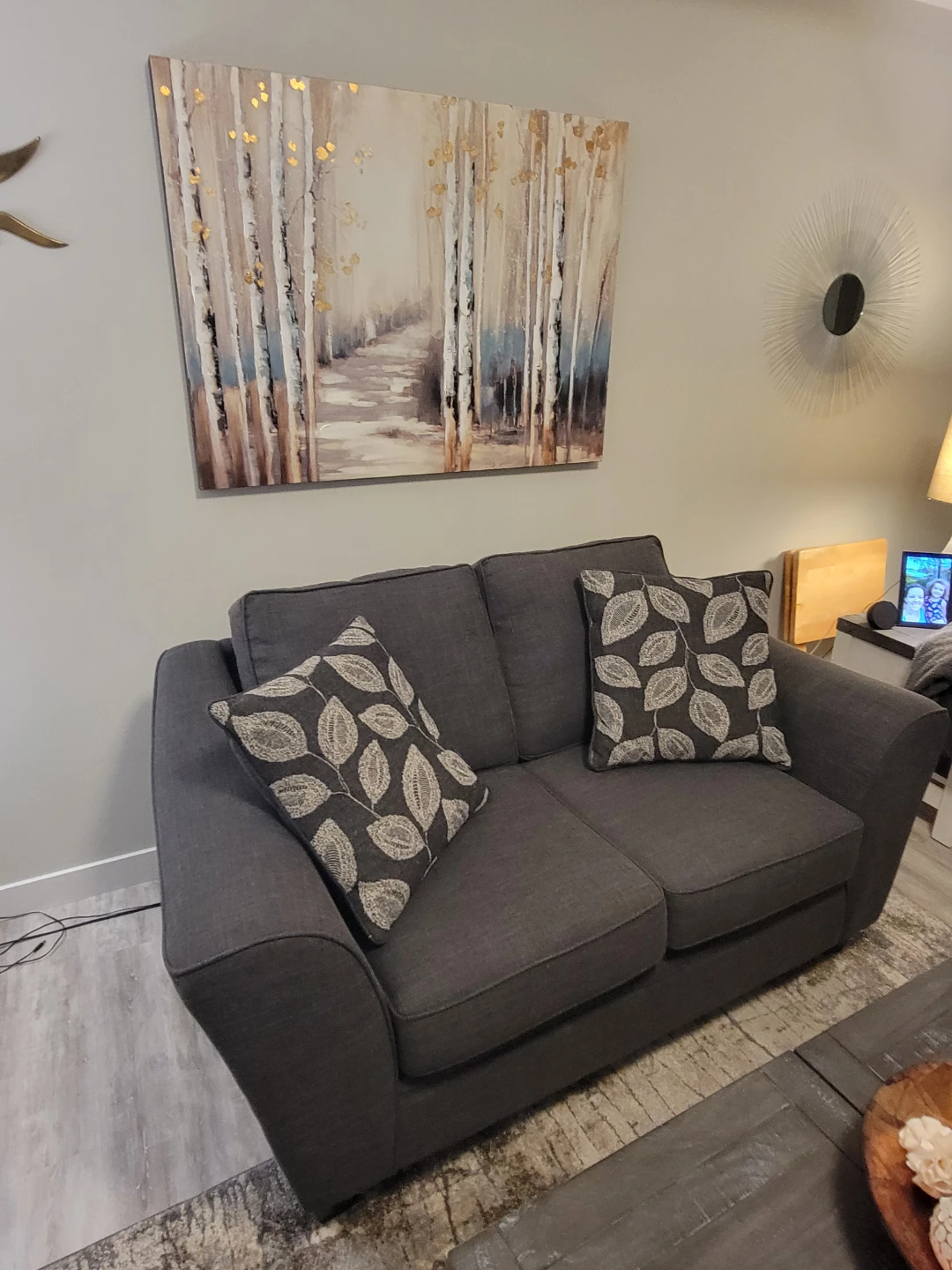Dark Grey Loveseat Sofa with Decorative Pillows - photo 2