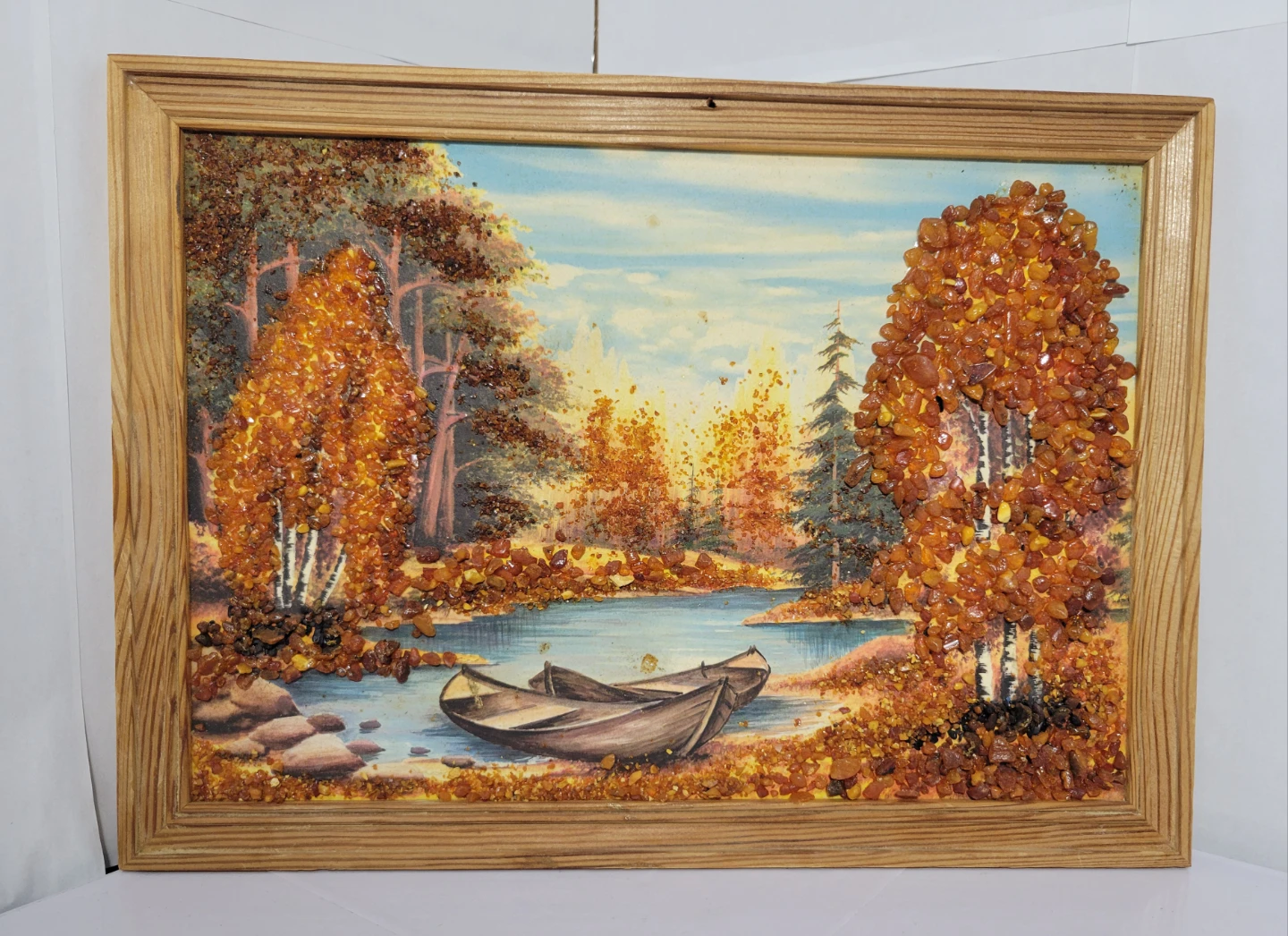 Framed Vintage Handmade USSR Soviet Amber Landscape Art 9.5"×13"