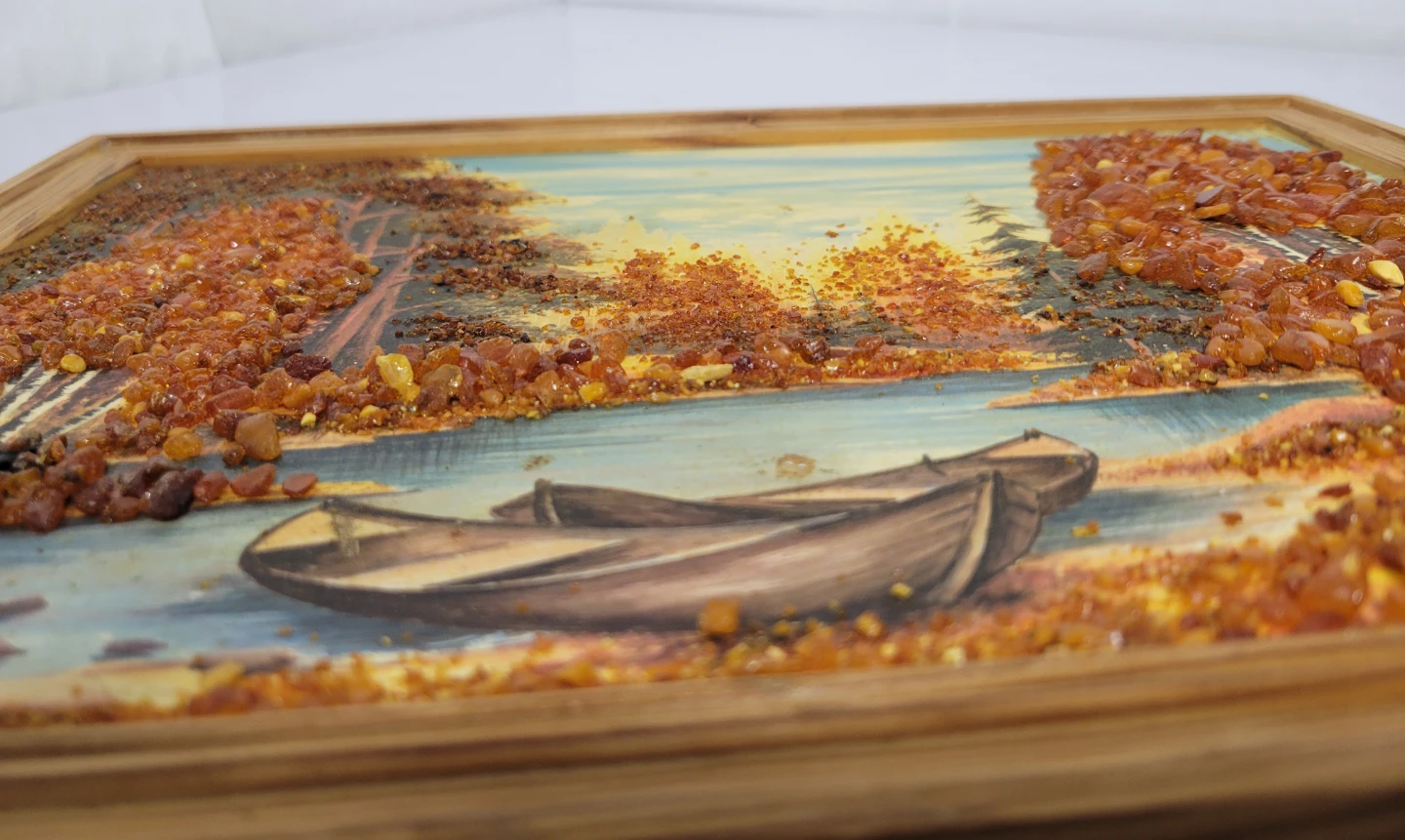 Framed Vintage Handmade USSR Soviet Amber Landscape Art 9.5"×13" - photo 3