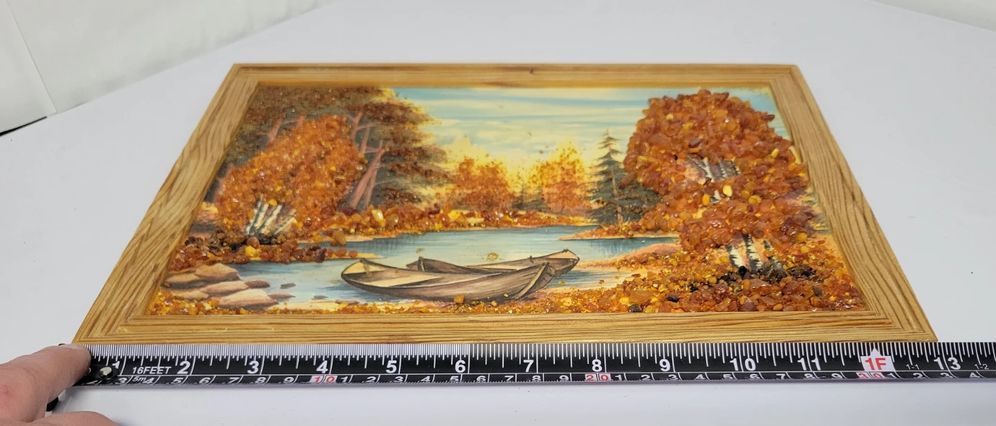 Framed Vintage Handmade USSR Soviet Amber Landscape Art 9.5"×13" - photo 4