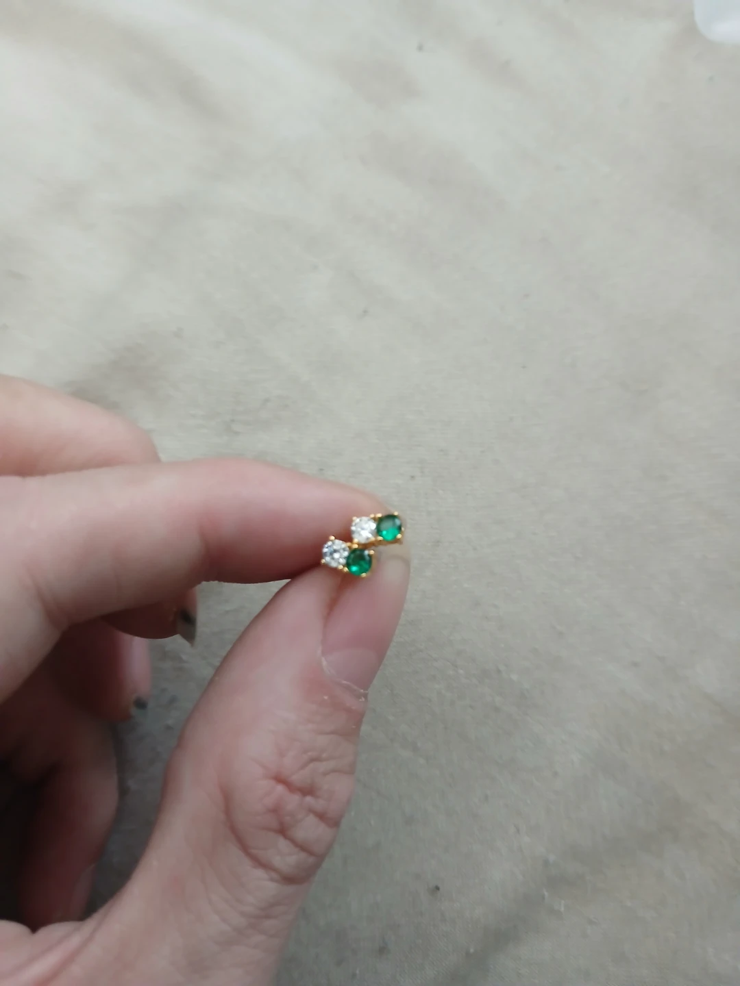 18K Gold Stud Earrings With Green And White Cubic Zirconia Gems
