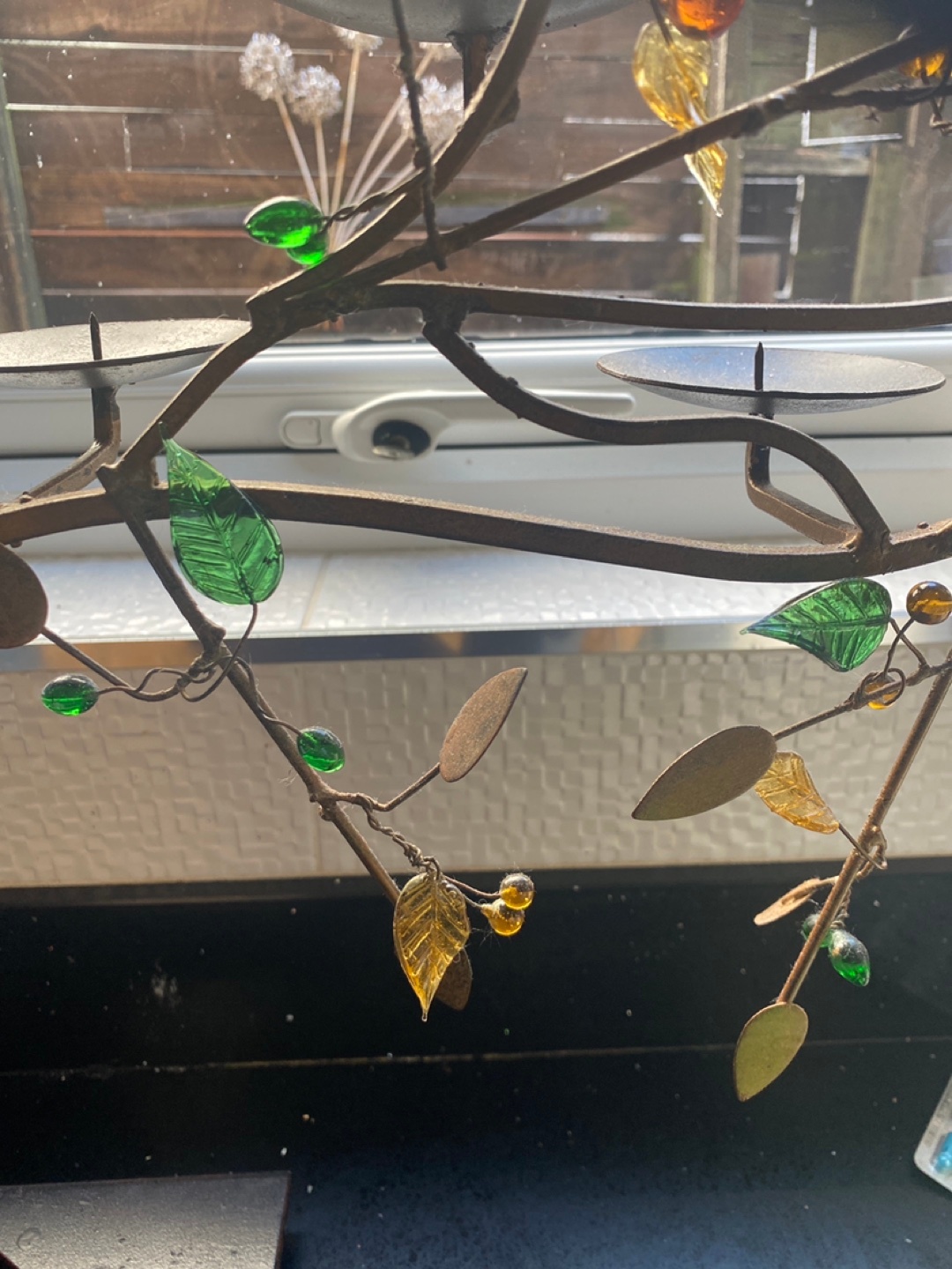 Tree shaped candelabra with decorative glass leaves