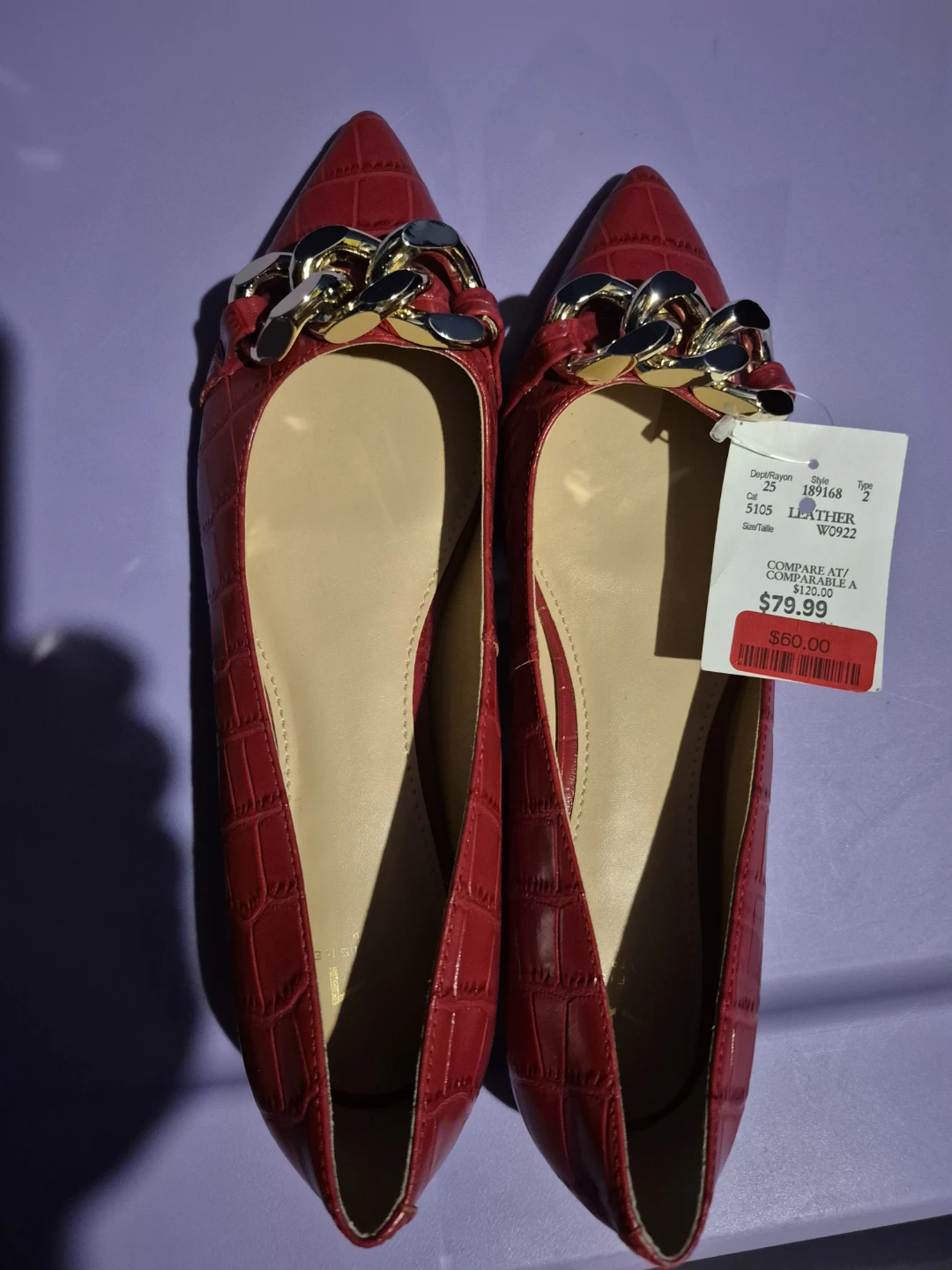 Red Leather Pointed Toe Flats with Chain Detail
