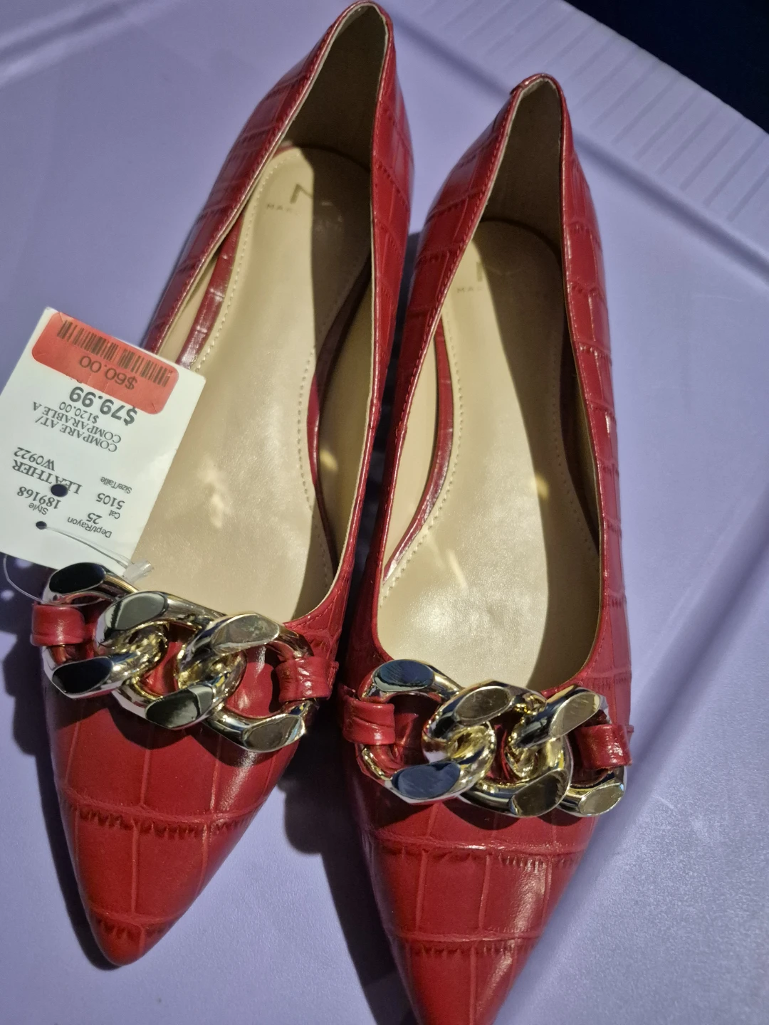 Red Leather Pointed Toe Flats with Chain Detail - photo 3