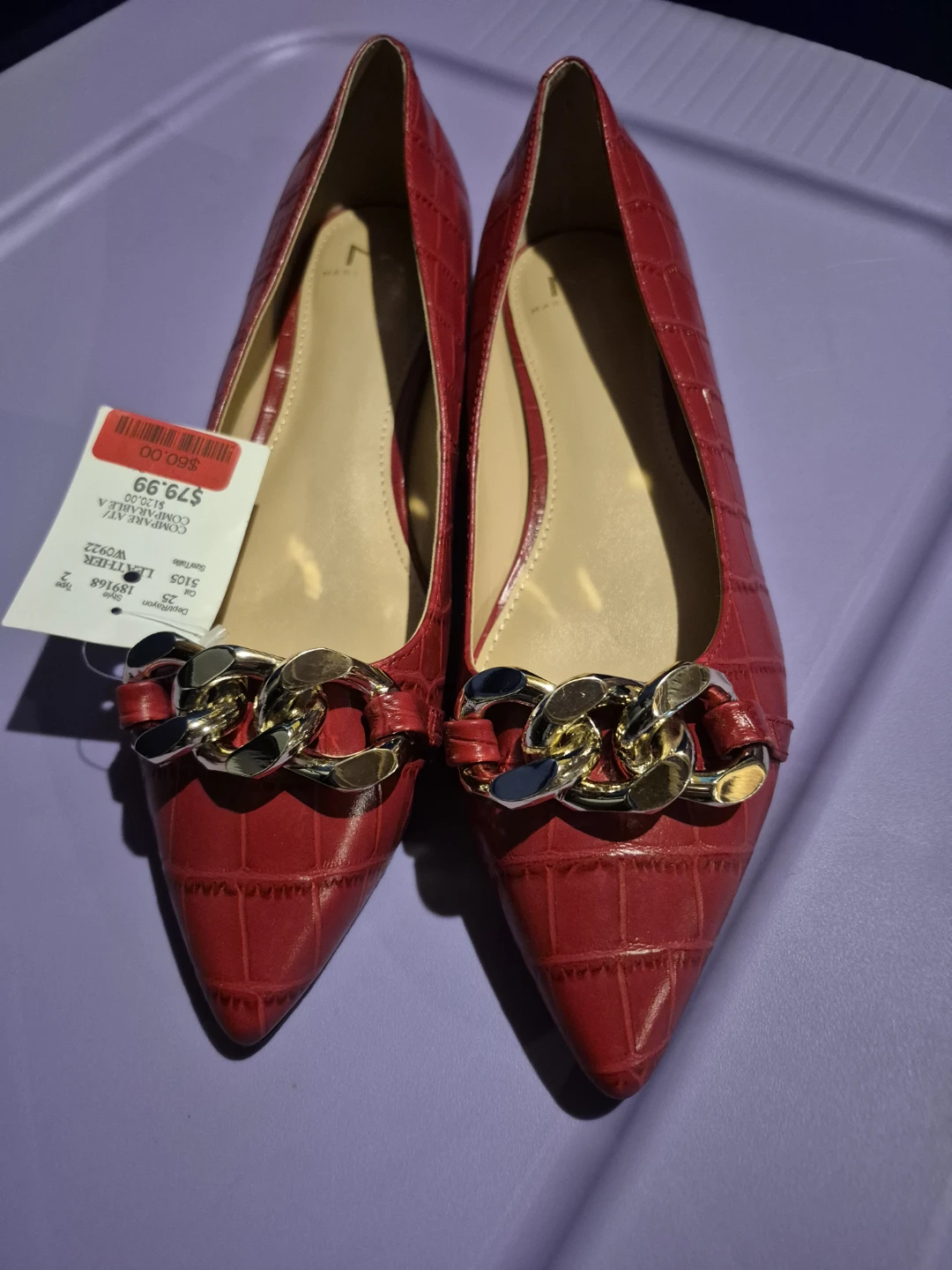 Red Leather Pointed Toe Flats with Chain Detail - photo 4