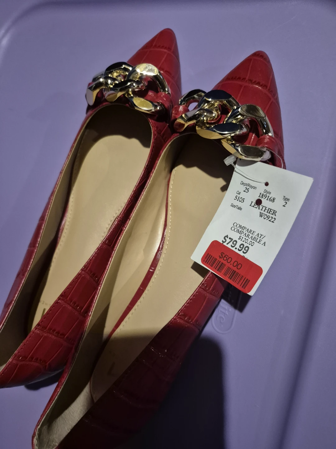 Red Leather Pointed Toe Flats with Chain Detail - photo 5