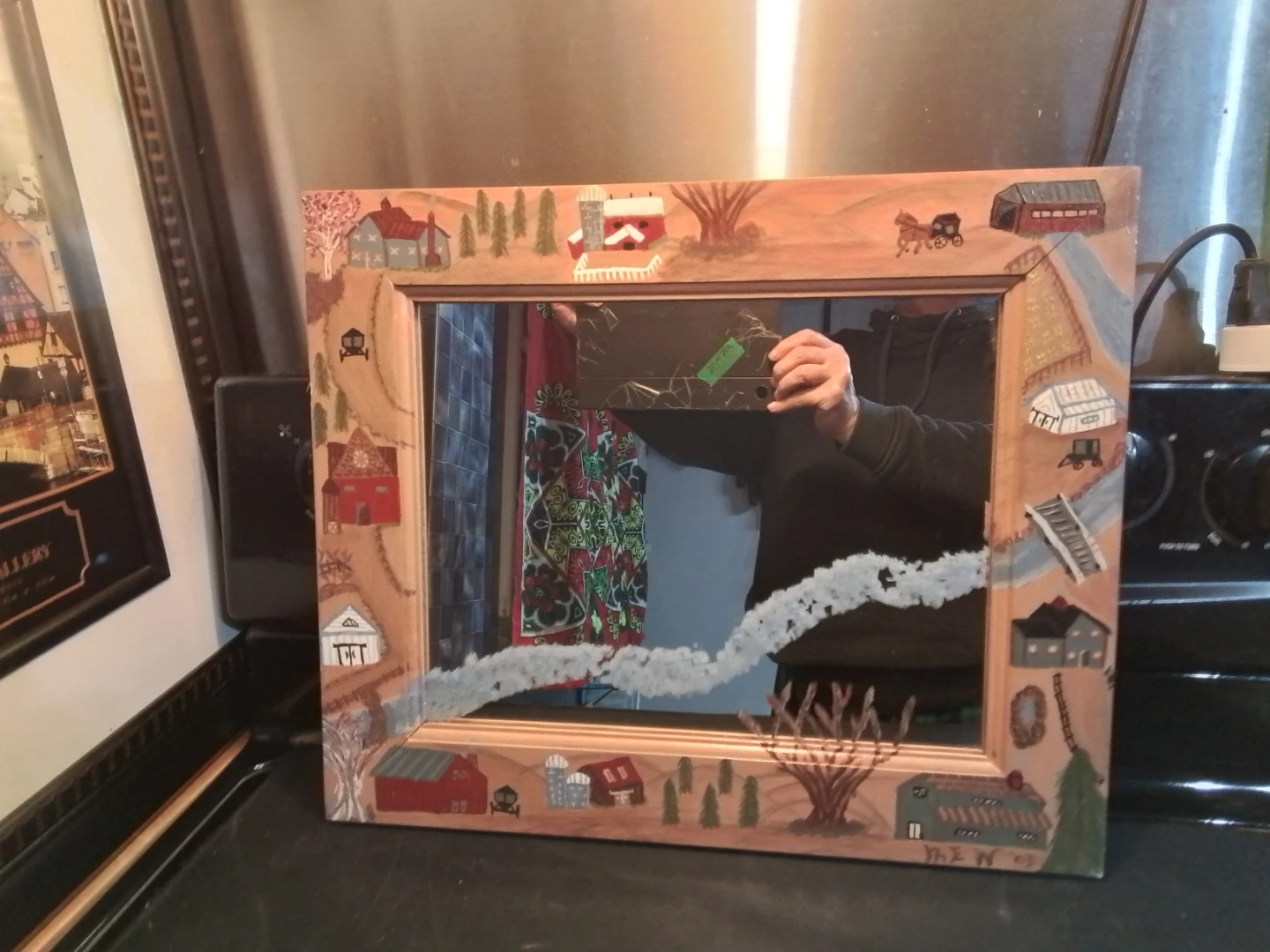 Hand-painted Folk Art Mirror with Farm Scene