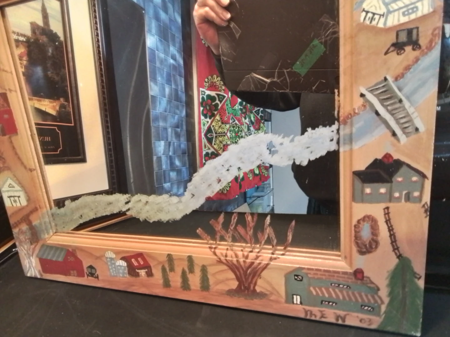 Hand-painted Folk Art Mirror with Farm Scene - photo 2
