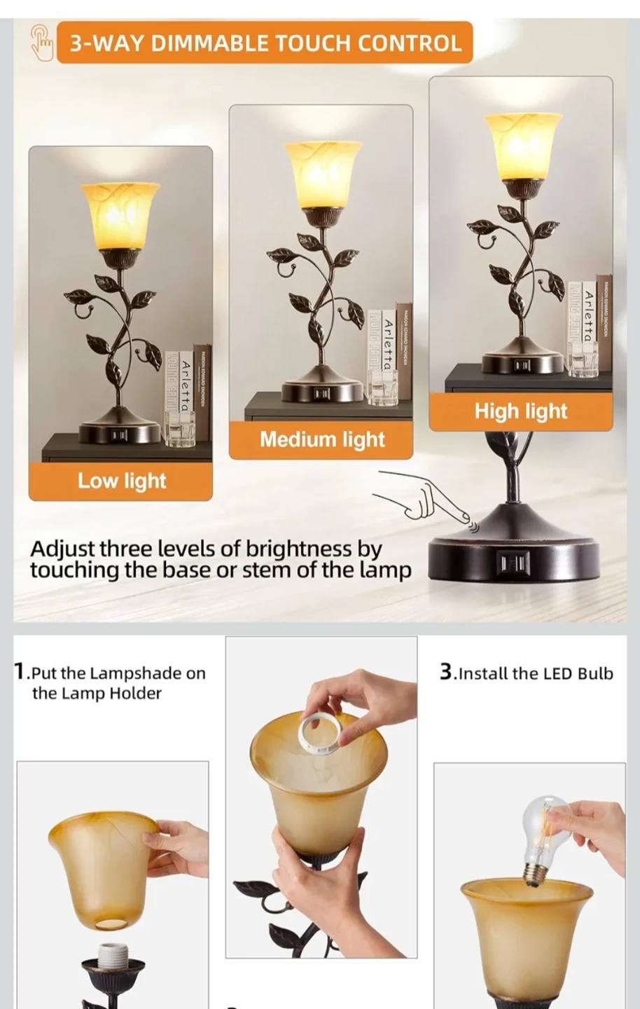 Vintage Style Table Lamp with USB Ports & Touch Control - photo 3