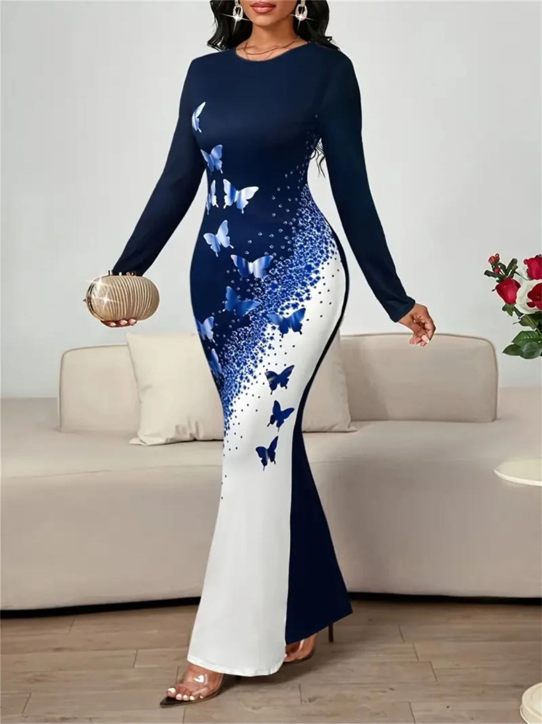 Blue Butterfly Print Long Sleeve Maxi Dress - Size XXL
