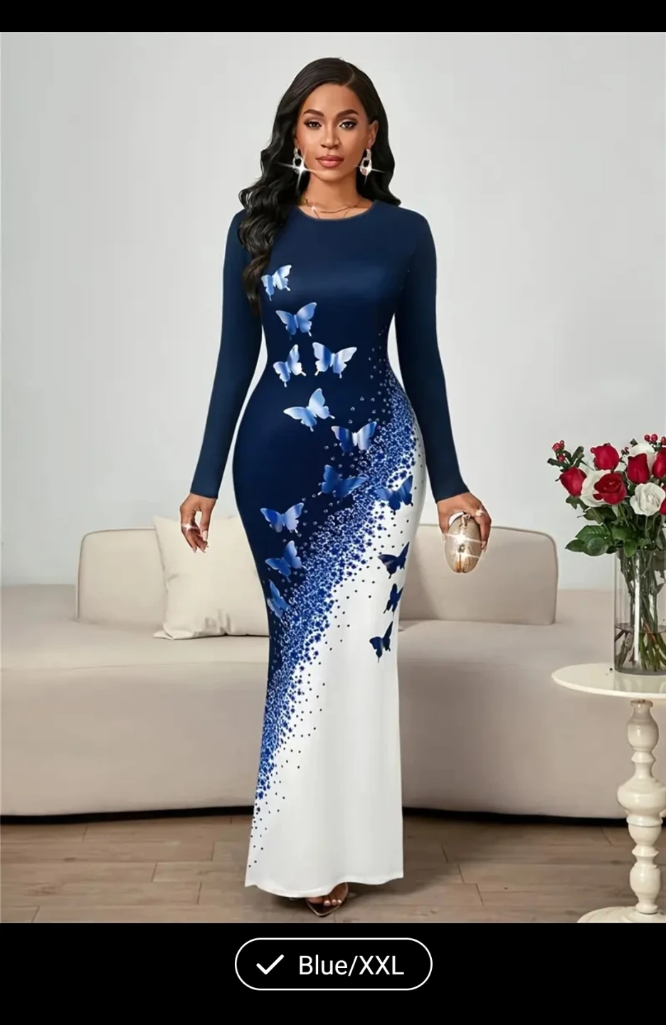 Blue Butterfly Print Long Sleeve Maxi Dress - Size XXL - photo 5