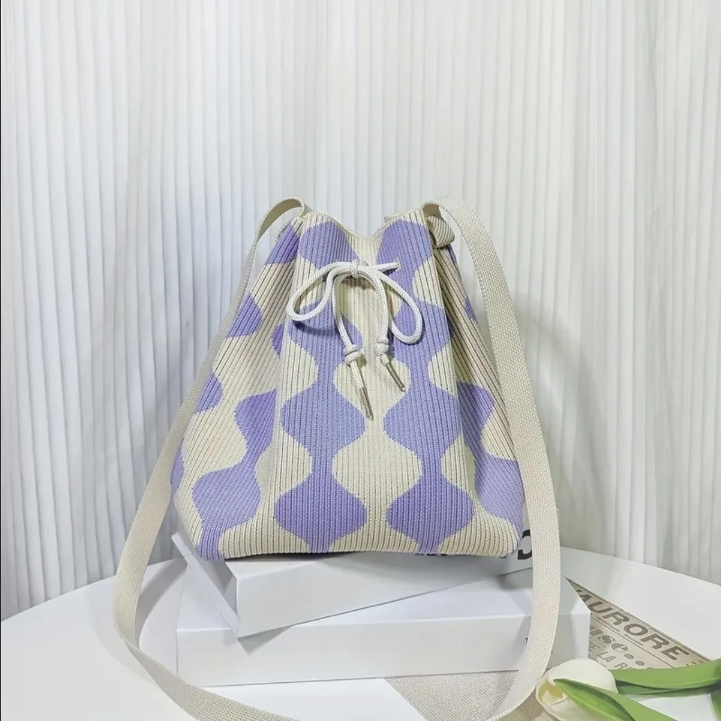NEW Knitted Bucket Bag - Purple & Cream Pattern