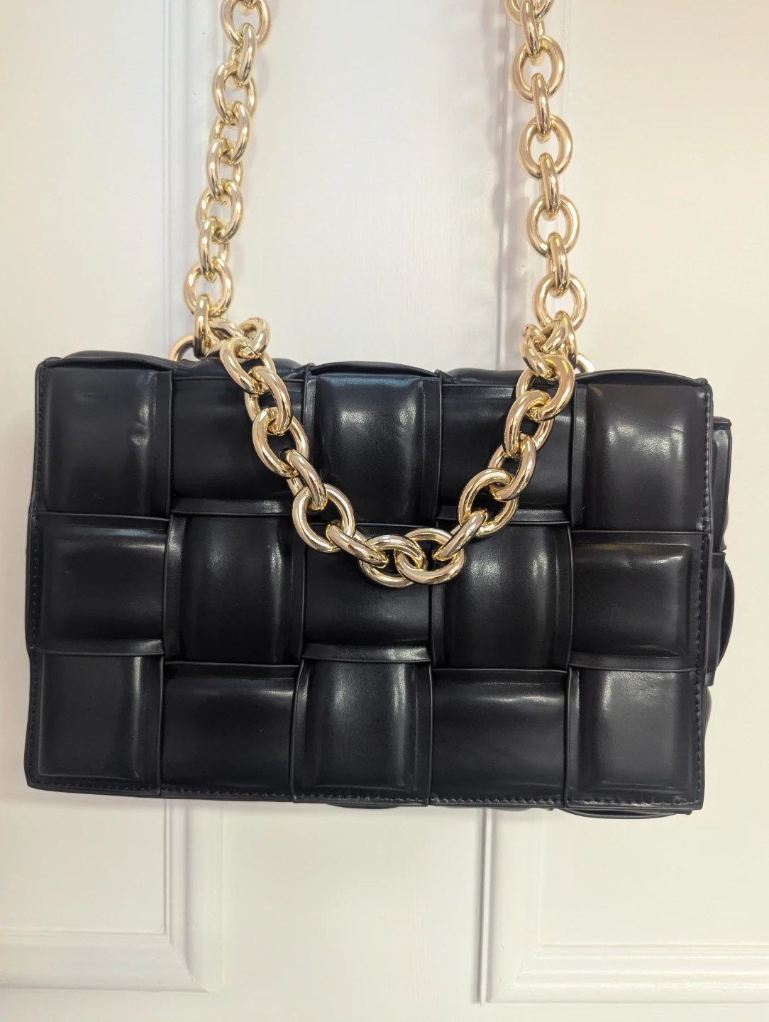Black Woven Clutch Purse with Gold Chain