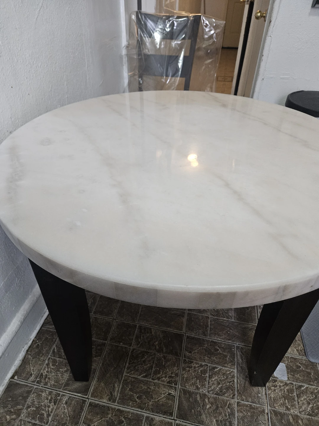 Round Marble Top Dining Table with Dark Wood Legs - photo 2