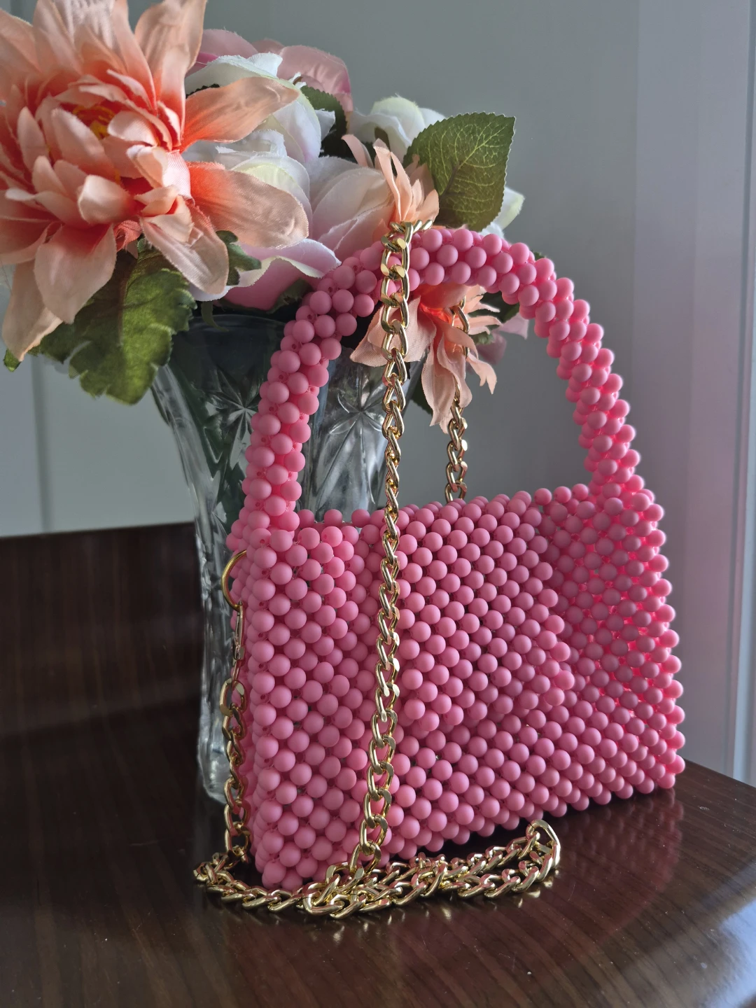 Pink Beaded Handbag with Gold Chain - photo 2