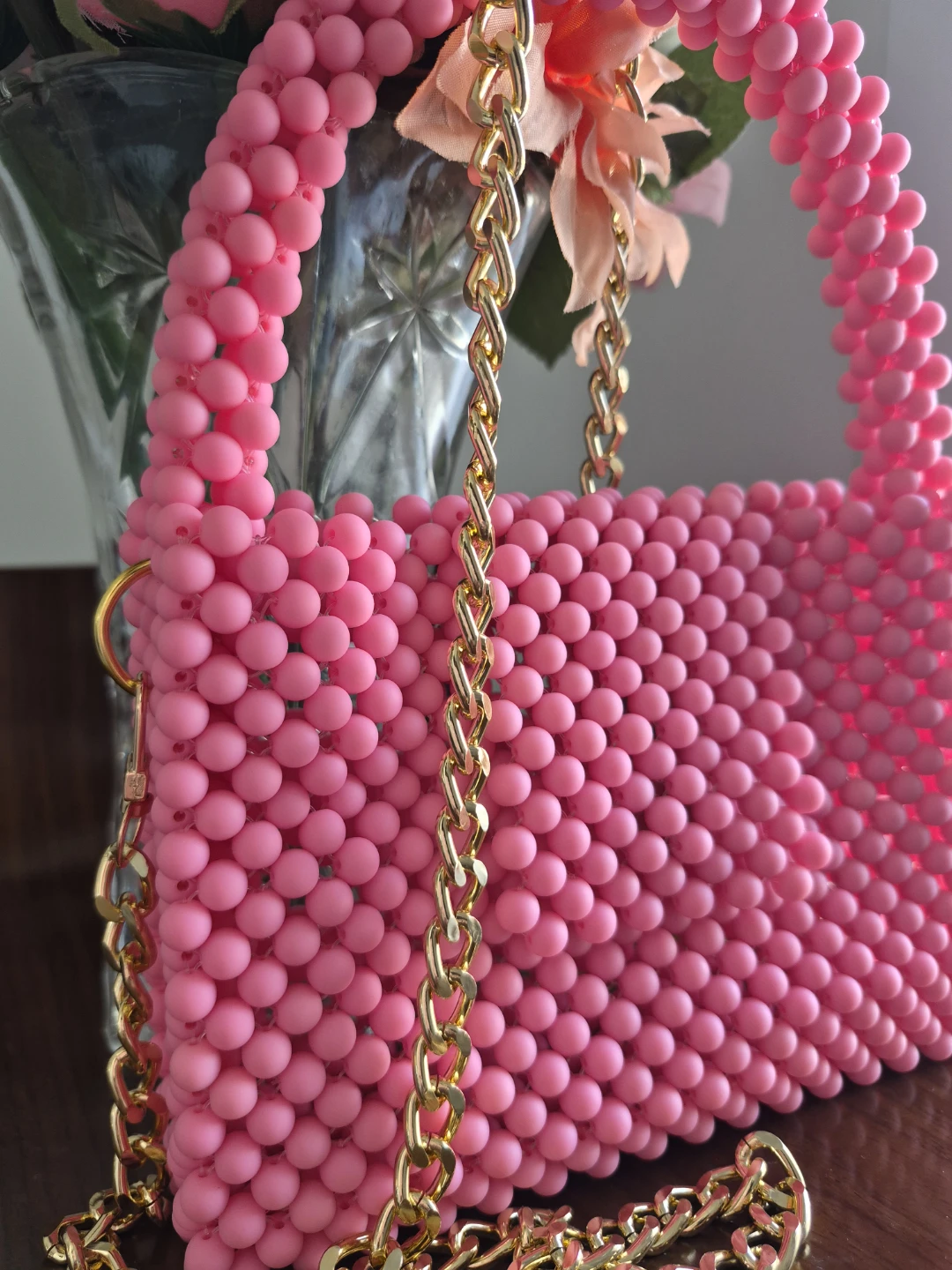 Pink Beaded Handbag with Gold Chain - photo 4