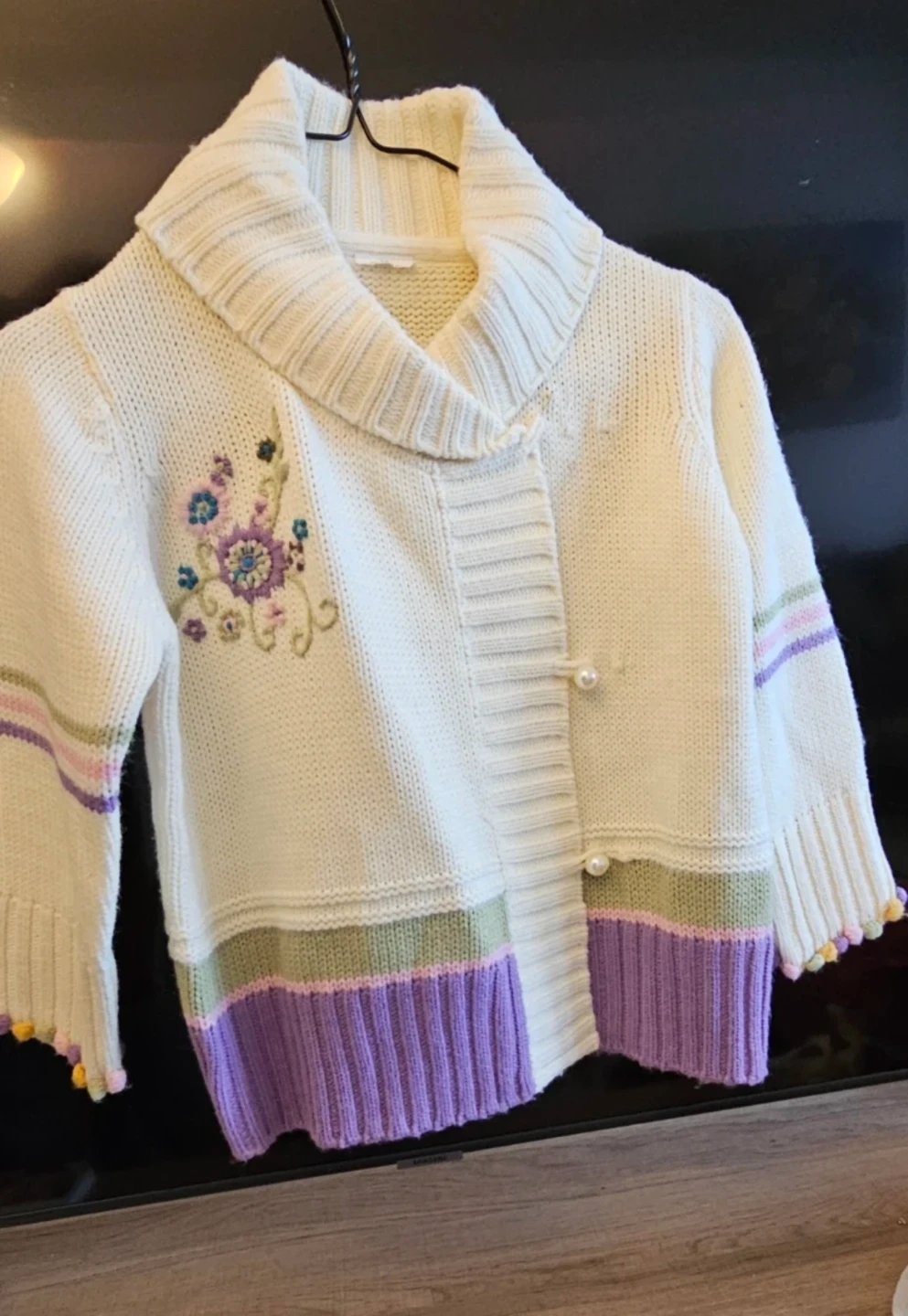 Cream Embroidered Cardigan with Purple and Green Trim - photo 2
