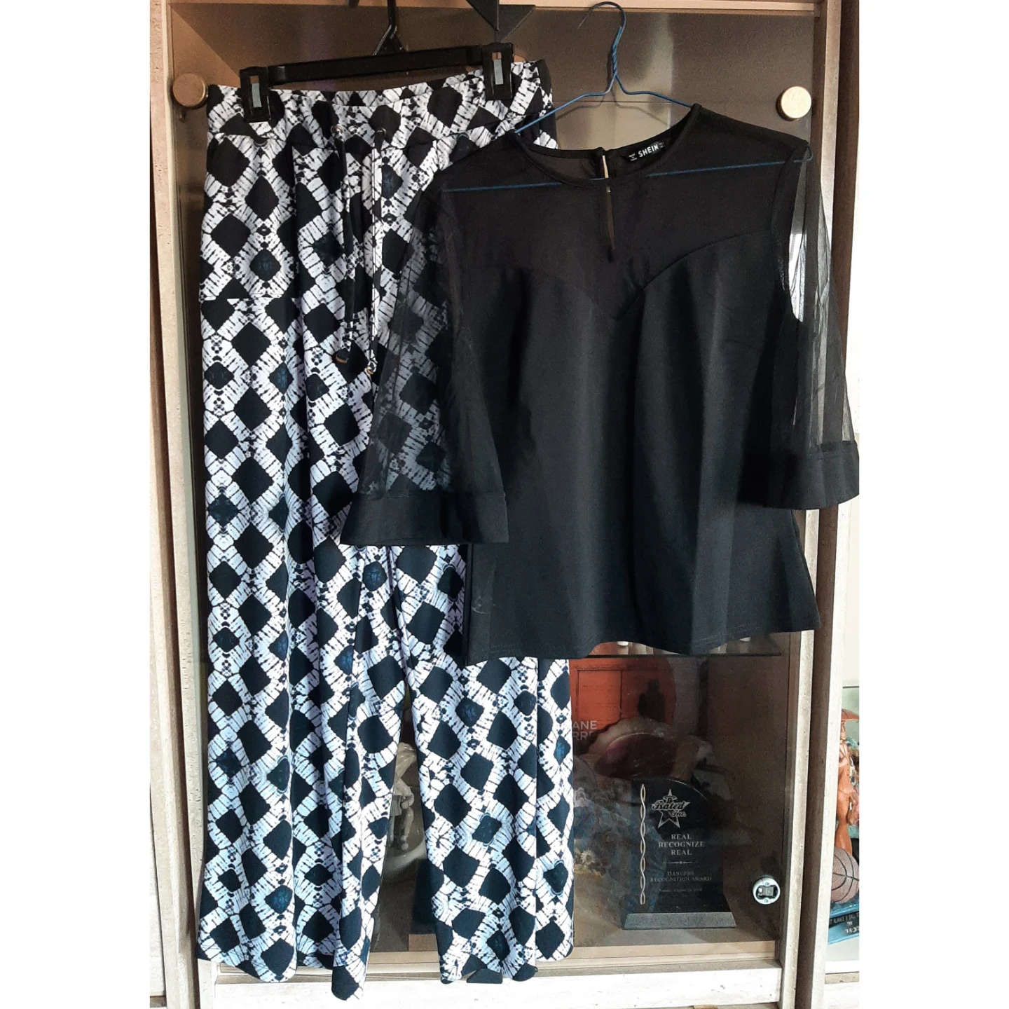 2 pc Donna Karan  Patterned Pants With Black Sheer top