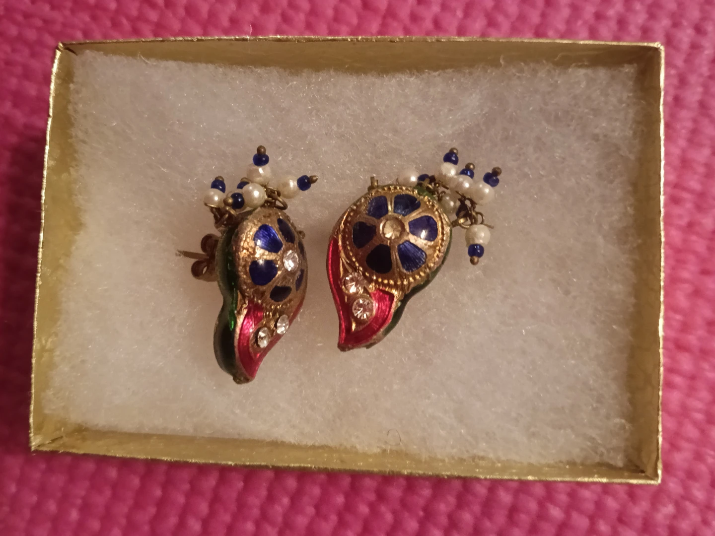Vintage Enamel Mango Earrings with Pearls