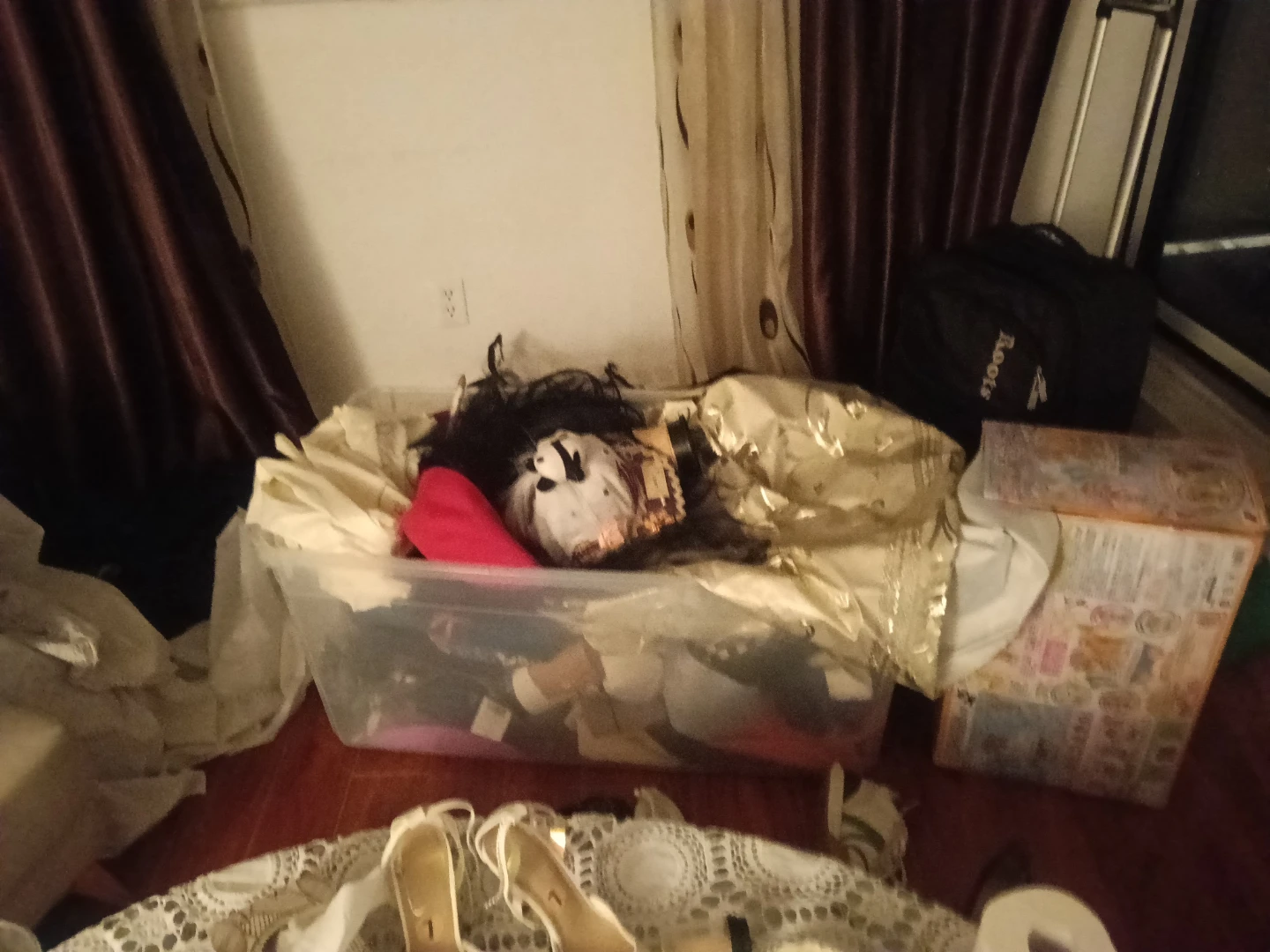 Clear storage bin with costume pieces