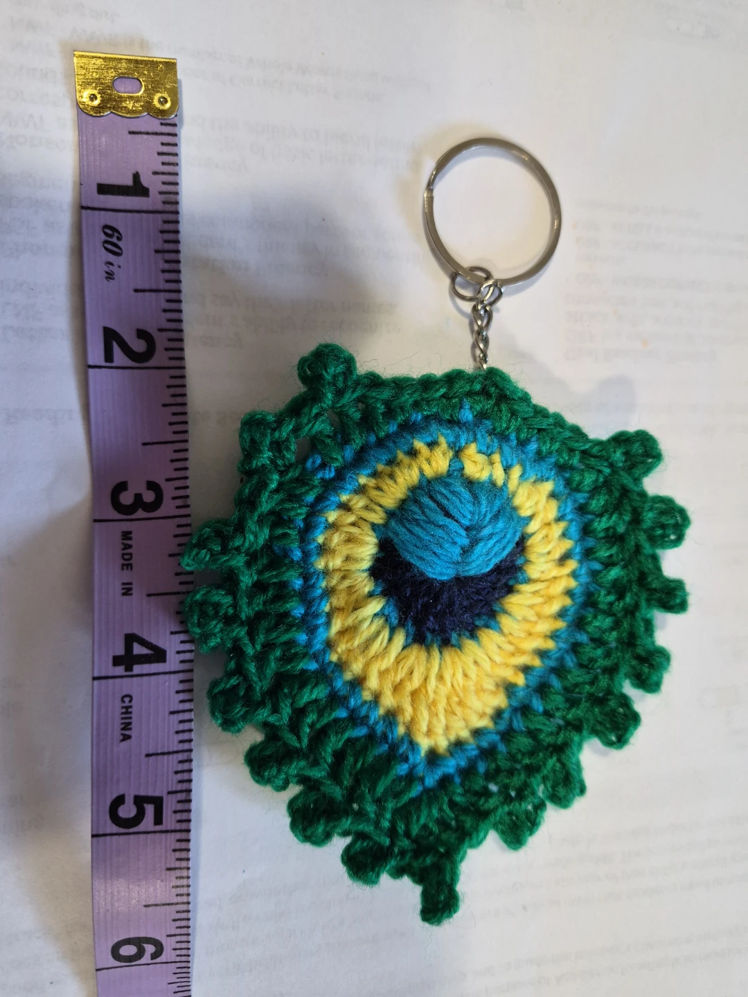 Handmade Crocheted Peacock Feather Keychain - photo 3