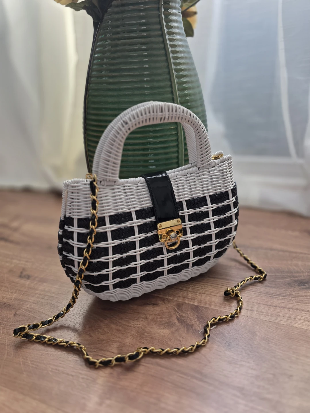 Woven Tote Bag with Chain Strap