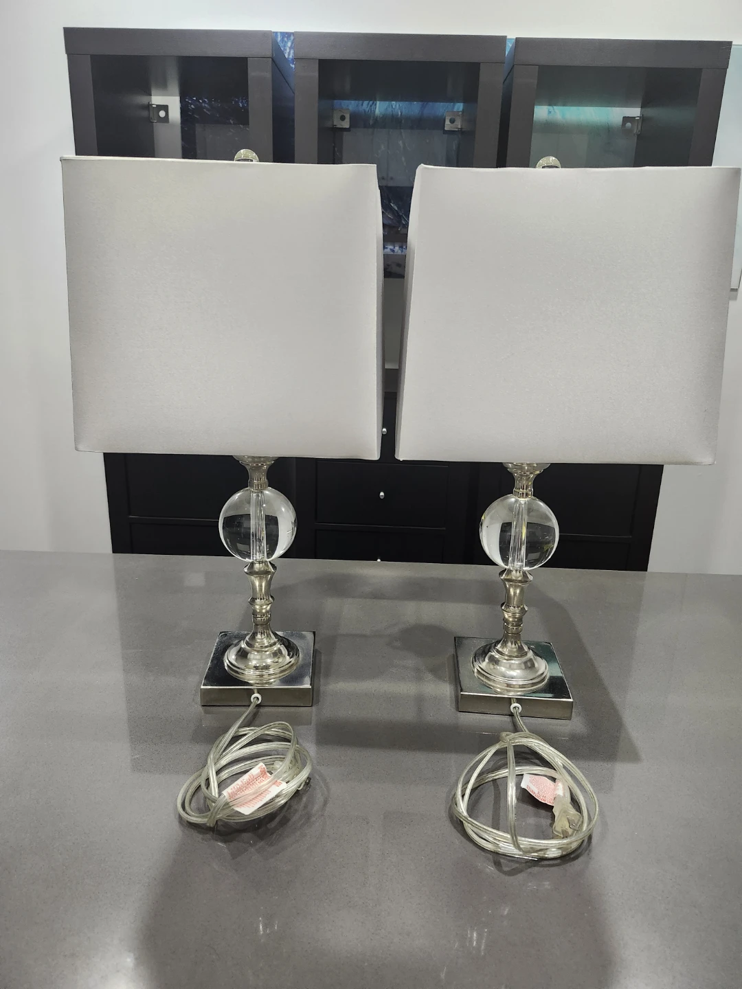 Pair of Modern Crystal Accent Table Lamps with Grey Shades - photo 3