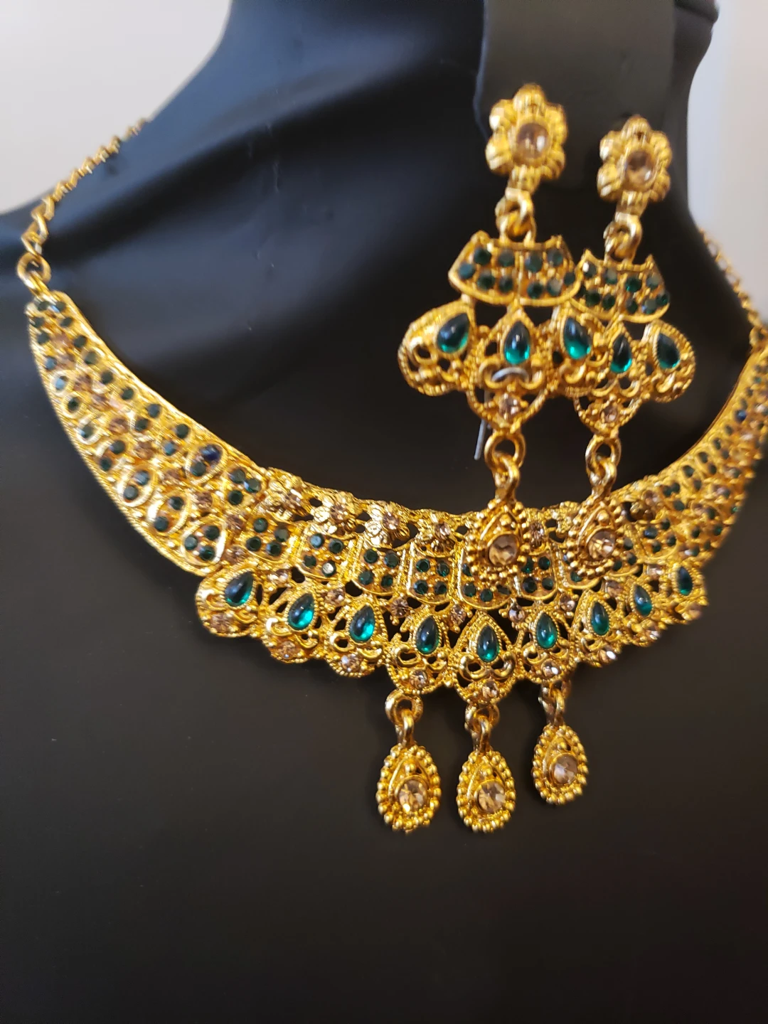 Gold Tone Necklace and Earring Set with Green Stones