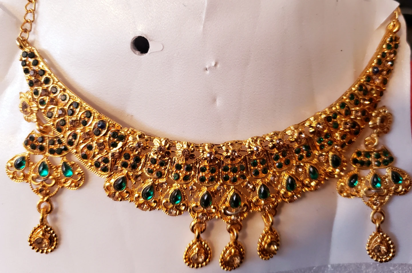 Gold Tone Necklace and Earring Set with Green Stones - photo 3