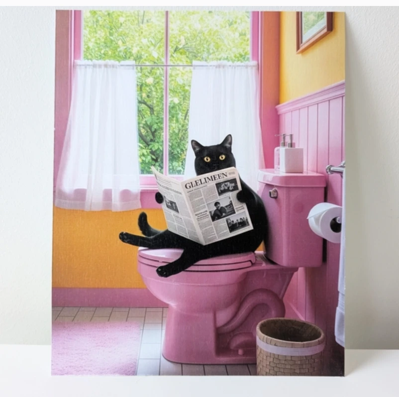 New Cat bathroom wall decor Black Cat Reading Newspaper Print