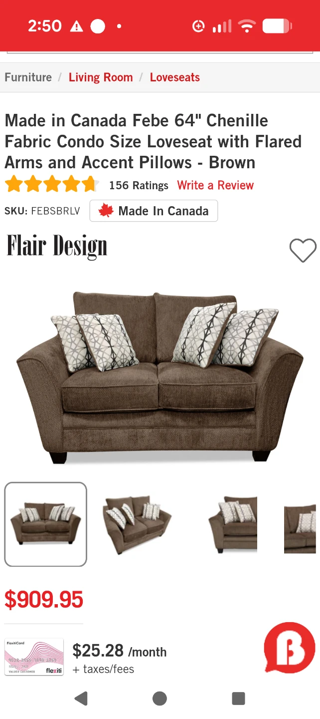 Made in Canada Febe 64" Chenille Fabric Loveseat - Brown