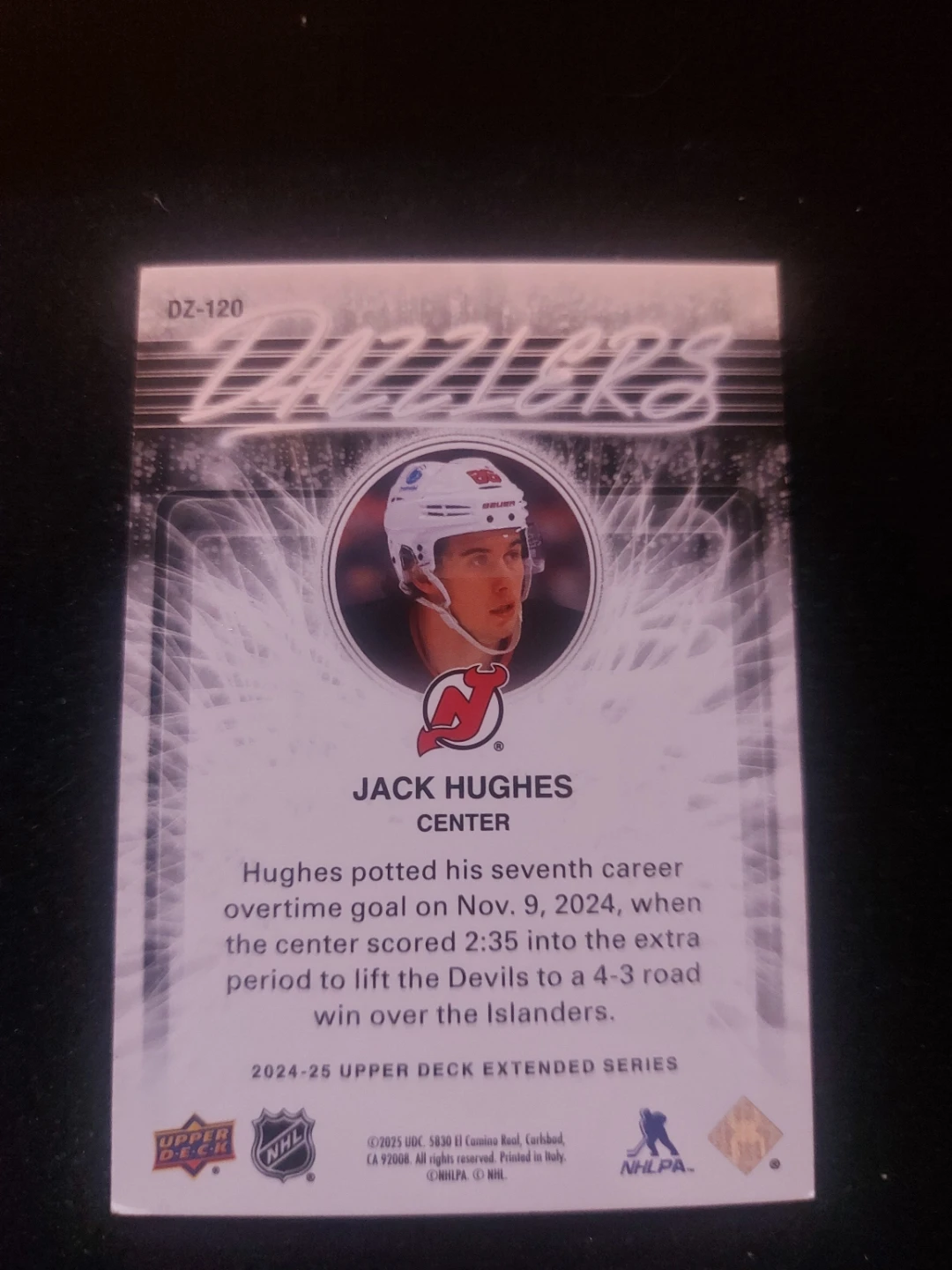 Upper Deck Dazzlers Jack Hughes Hockey Card - photo 2