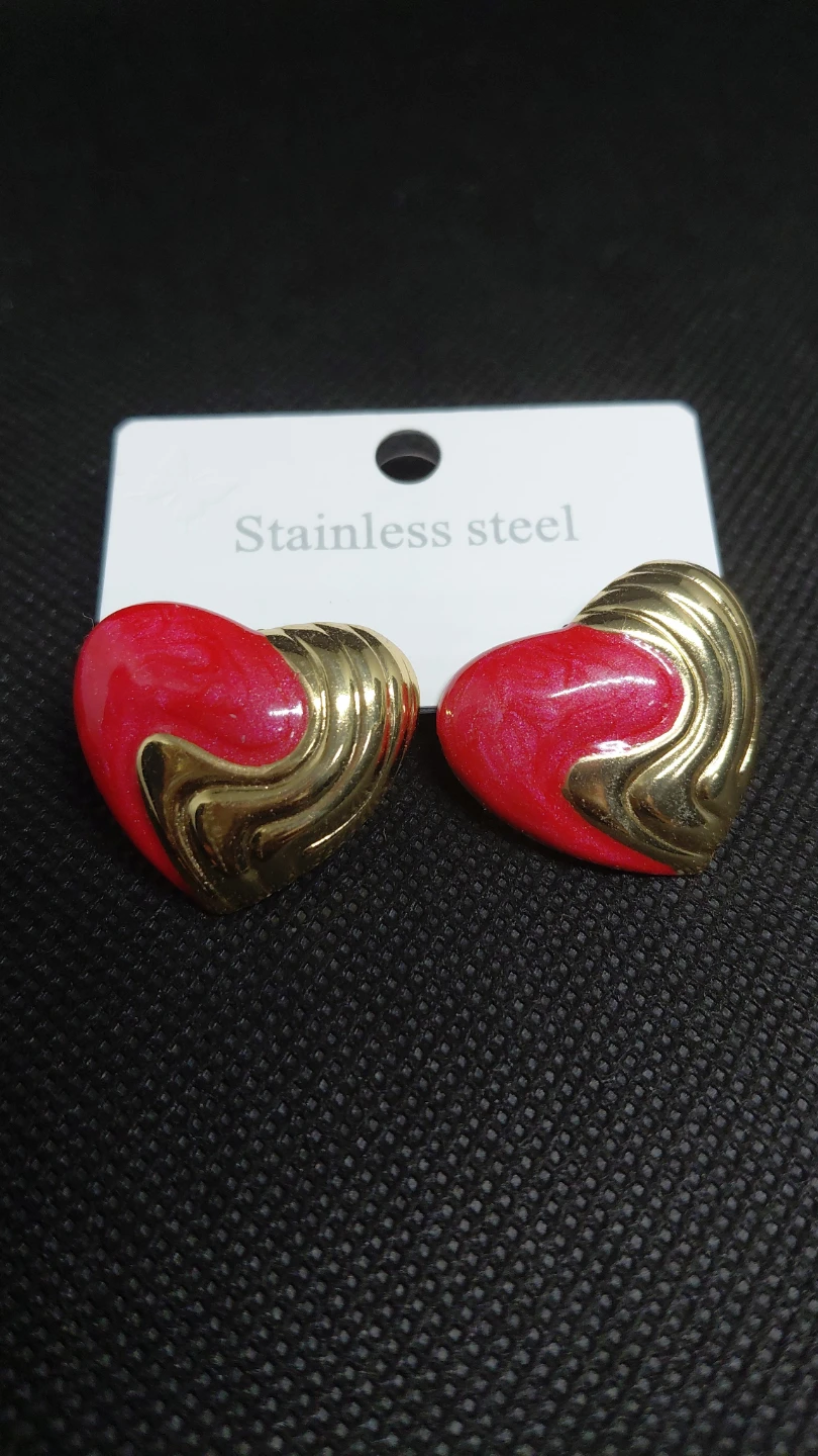Stainless Steel Heart Earrings - Red & Gold - photo 4