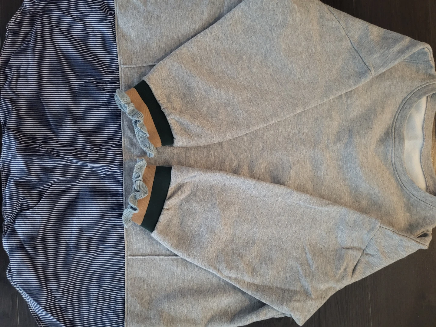 Grey Pullover Sweatshirt with Striped Ruffle Cuffs from Korea - photo 2