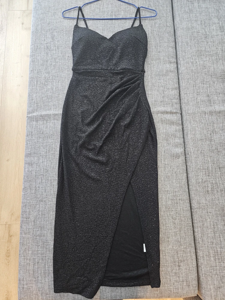 Lovely Day Black Sparkle Ruched Midi Dress Size S