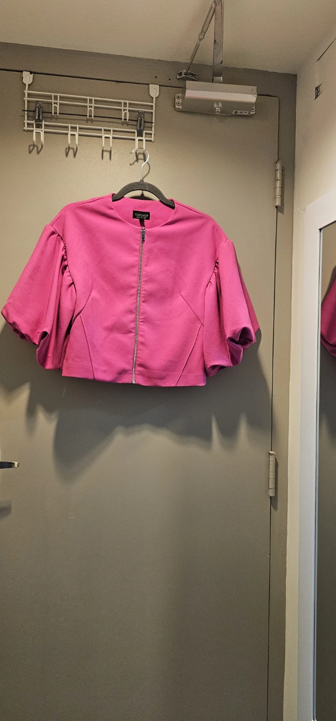 TOPSHOP Pink Cropped Jacket with Puff Sleeves