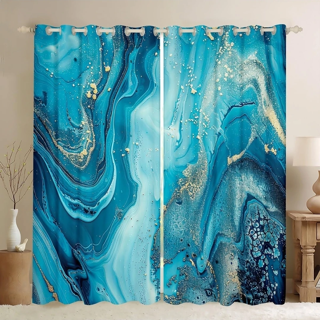 Erosebridal Teal Marble Curtains 52x96 | Modern Turquoise Gold