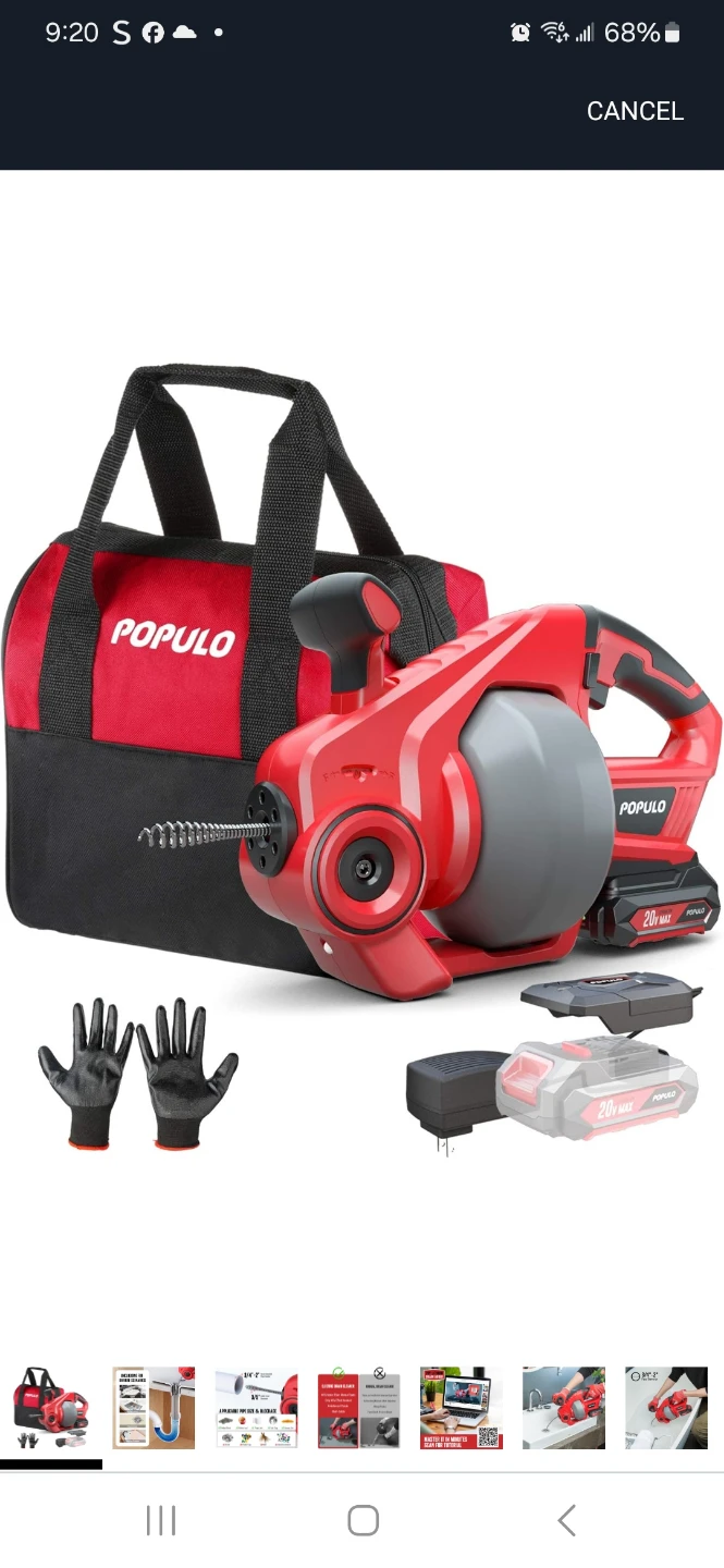 POPULO Electric Drain Cleaner with 20V Battery & Tool Bag