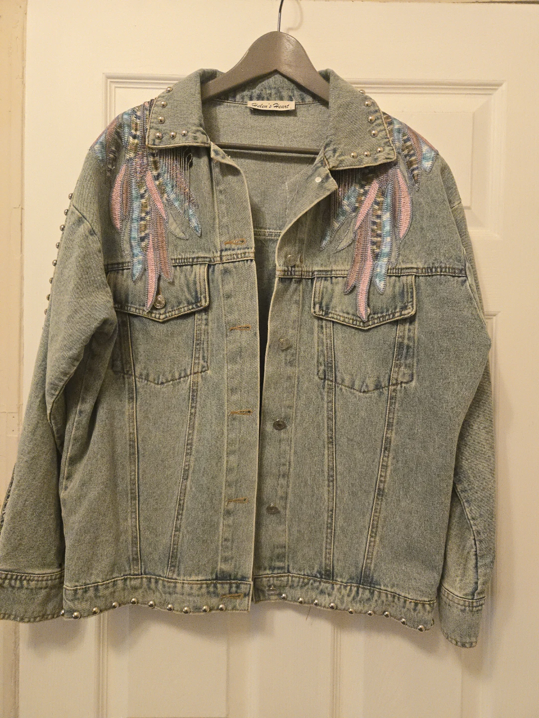 Denim Jacket with Feather Embroidery and Studs