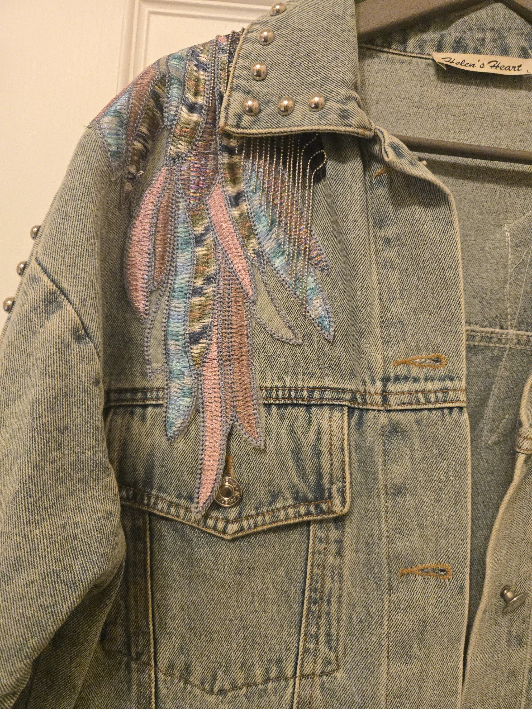 Denim Jacket with Feather Embroidery and Studs - photo 2