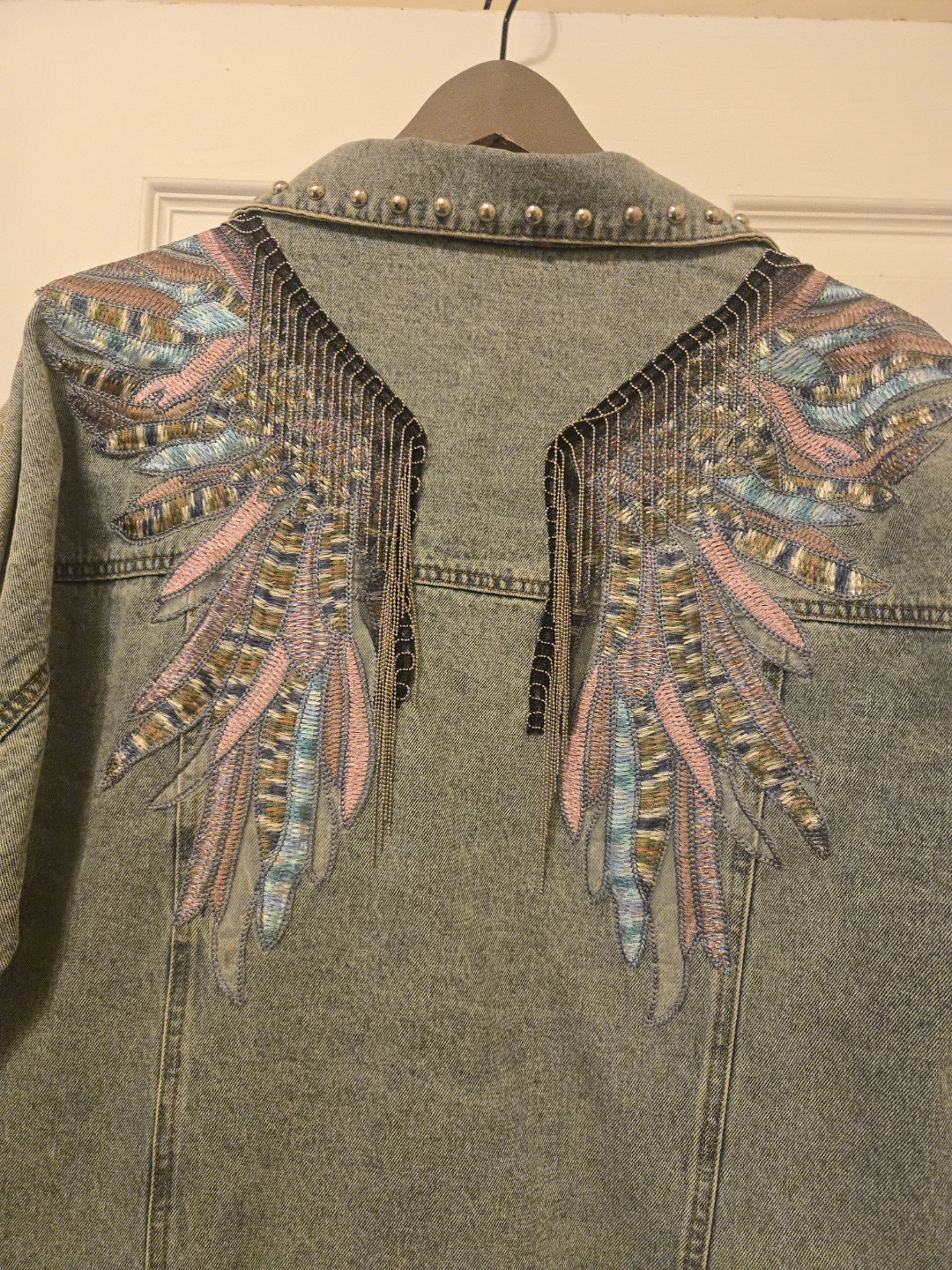Denim Jacket with Feather Embroidery and Studs - photo 3