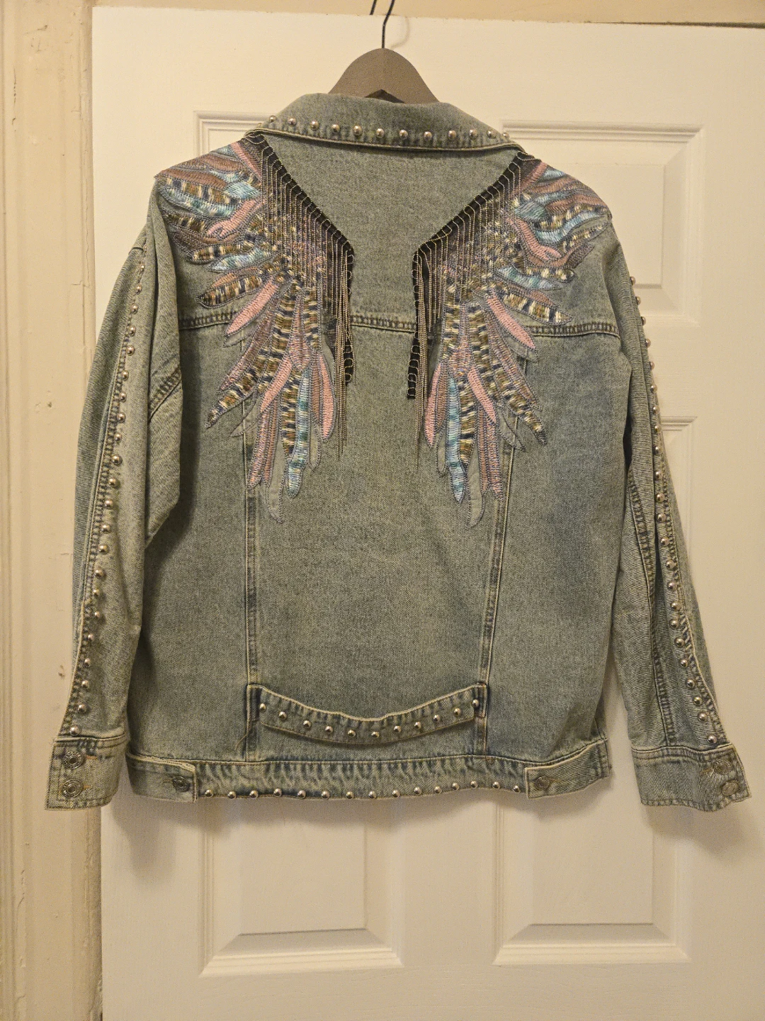 Denim Jacket with Feather Embroidery and Studs - photo 4