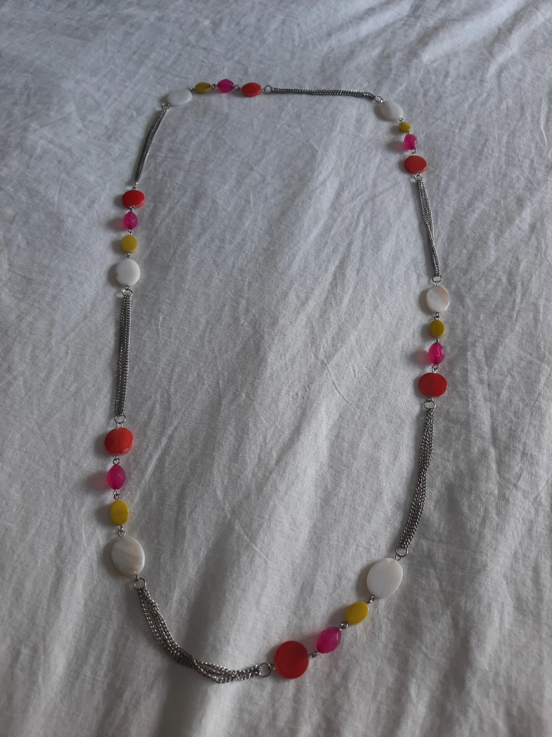 Long Beaded Necklace with Silver Chain